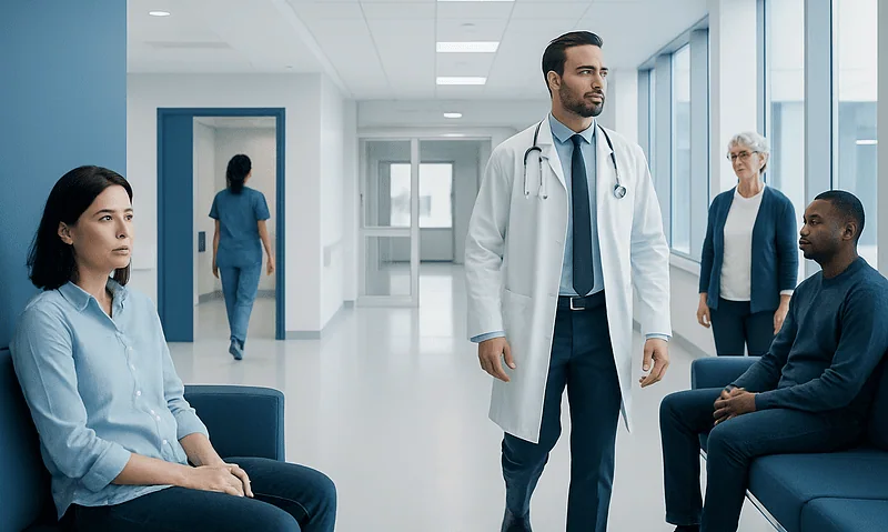 Doctor consulting patients in a hospital corridor with waiting area.