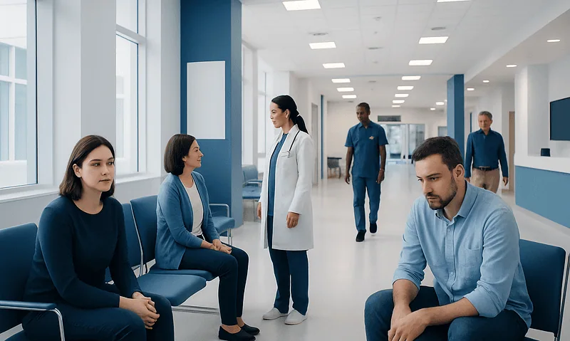 Patients waiting in a hospital corridor with medical staff nearby.