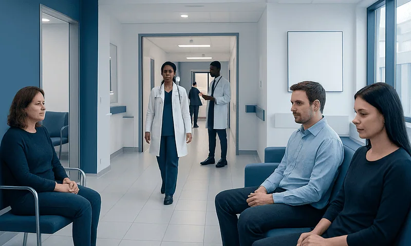 Medical consultation in a hospital corridor with patients and healthcare professionals.