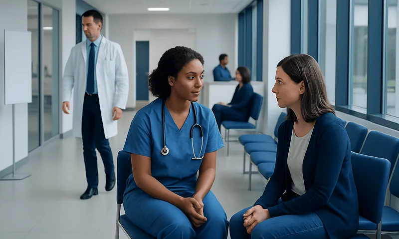 Healthcare professionals discussing mental health during a clinic visit.