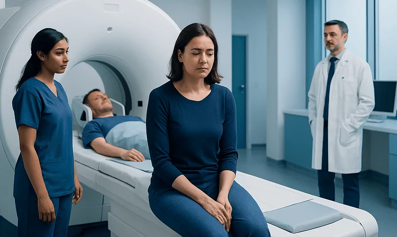 Patient undergoing MRI scan with medical staff in hospital.