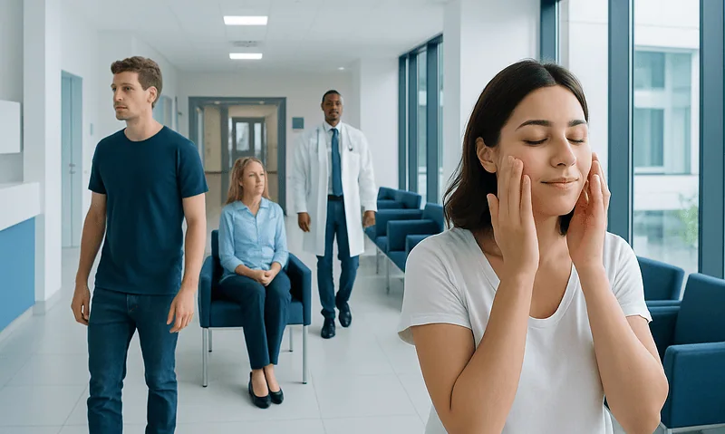 Young woman receiving a facial massage in a modern clinic.