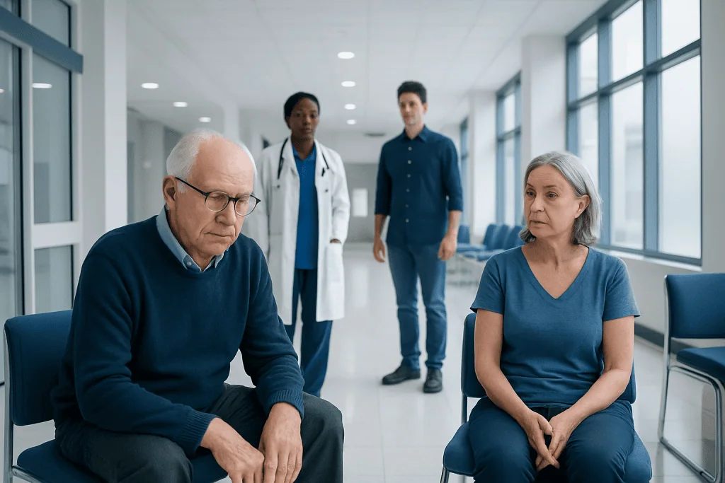 What Is a Movement Disorder? Types, Warning Signs, and Diagnosis 1 Patients and doctors in a hospital waiting area discussing health issues.