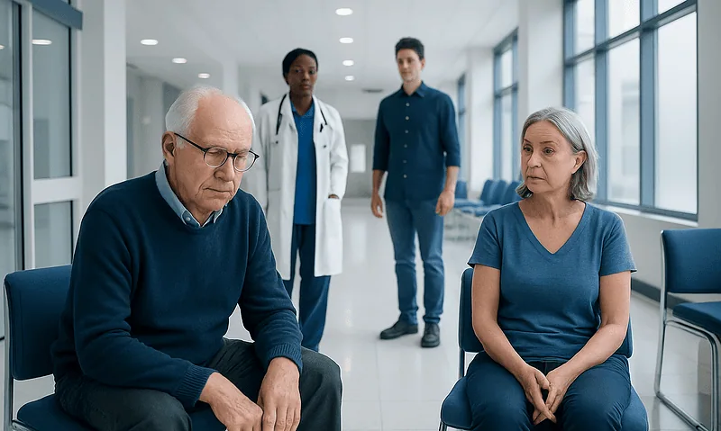 Patients and doctors in a hospital waiting area discussing health issues.