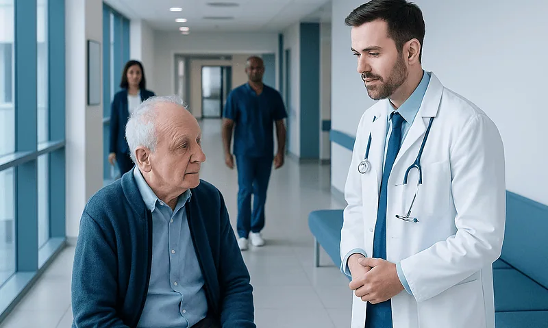 Doctor consulting elderly patient in hospital corridor.