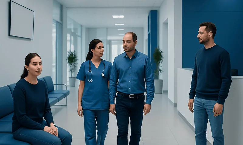 Medical team discussing patient care in hospital corridor.