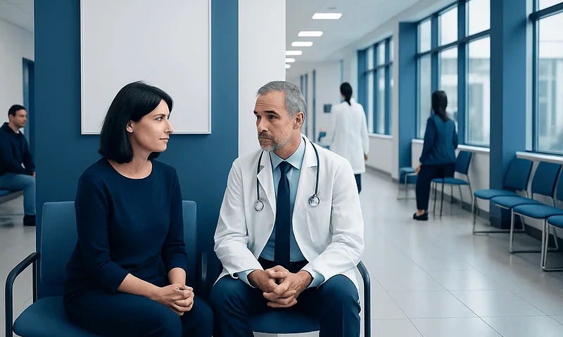 Doctor consulting with a patient in a hospital corridor.