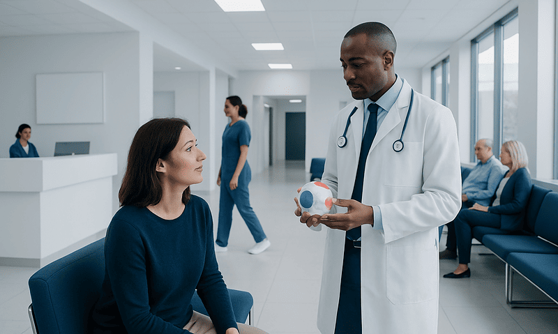 Doctor explaining eye health to a patient in a hospital waiting area.