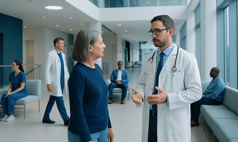 Doctor consulting with a patient in a modern hospital lobby.