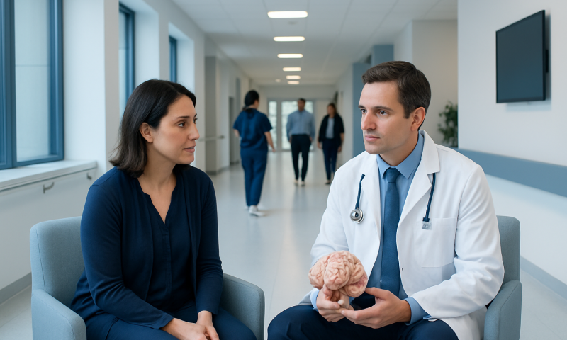 Neuroimmunologist discussing brain health with a patient in a hospital corridor.
