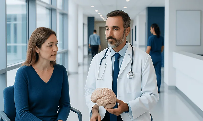 Doctor explaining brain health to a patient in a hospital corridor.