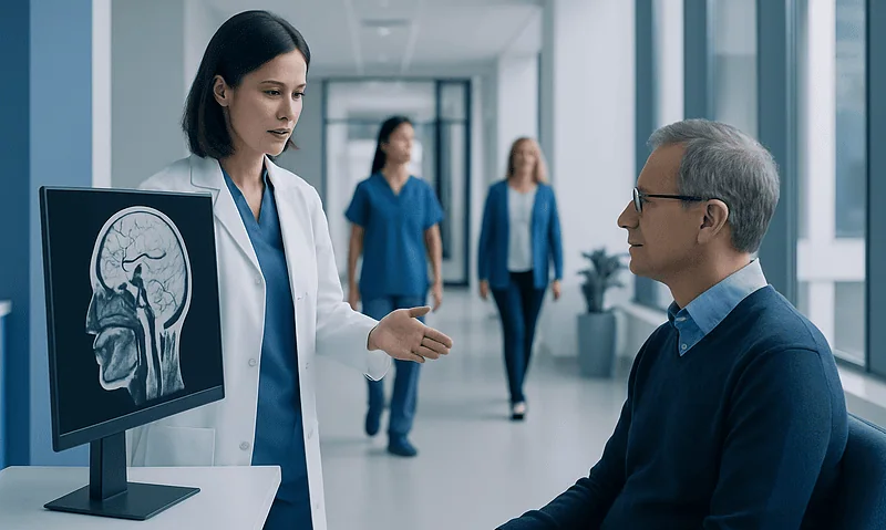 Neurointerventional radiologist discussing brain scan with patient in hospital corridor.
