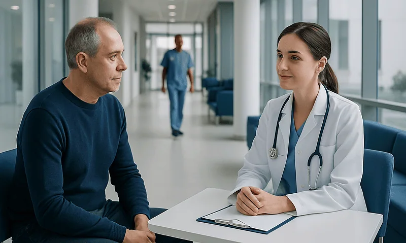 Doctor consulting with a patient in a modern hospital corridor.