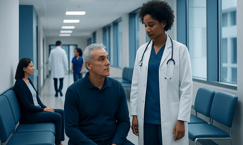 Doctor consulting with an elderly patient in a hospital corridor.