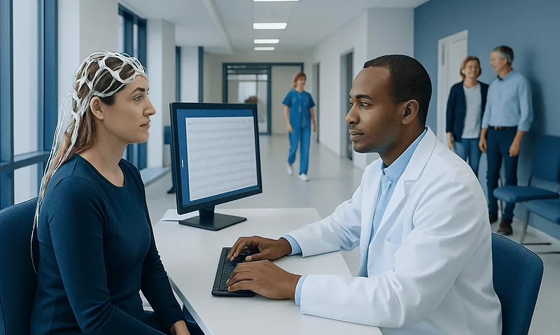 Neurophysiologist consulting a patient in a hospital corridor.