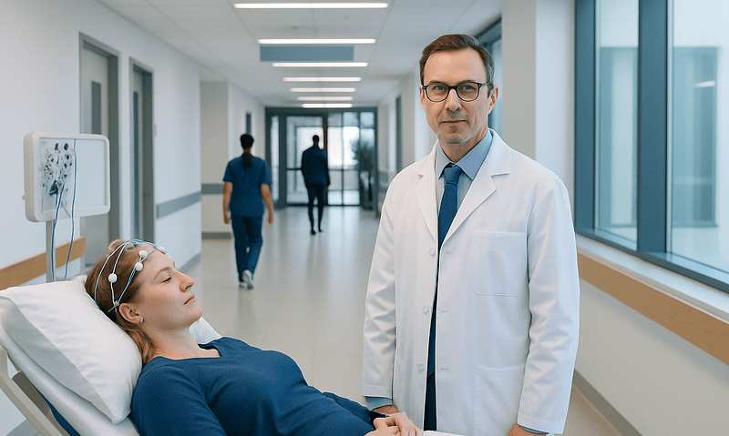 Neurophysiologist consulting patient in hospital corridor.