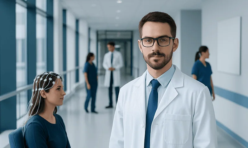 Neurophysiologist in hospital corridor with patients and staff.