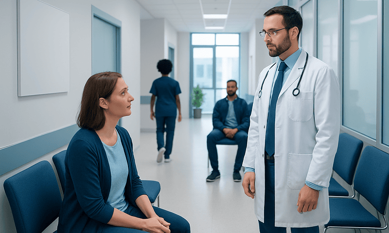 Doctor consulting a patient in a hospital corridor with other staff in the background.