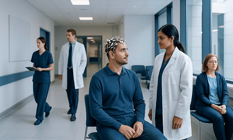 Patient undergoing neurophysiology test with medical staff in hospital corridor.