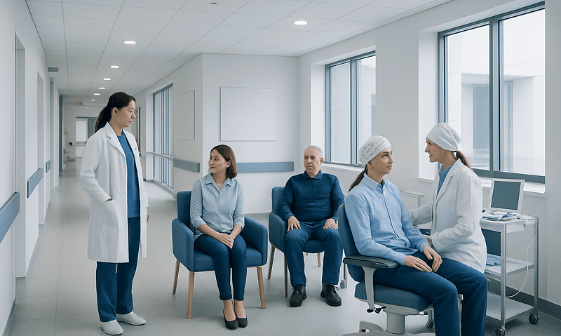 Medical professionals consulting with a patient in a hospital corridor.