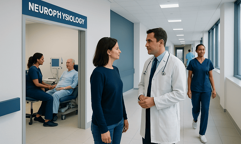 Neurophysiology department at Acibadem Hospitals Group with medical staff and patient.