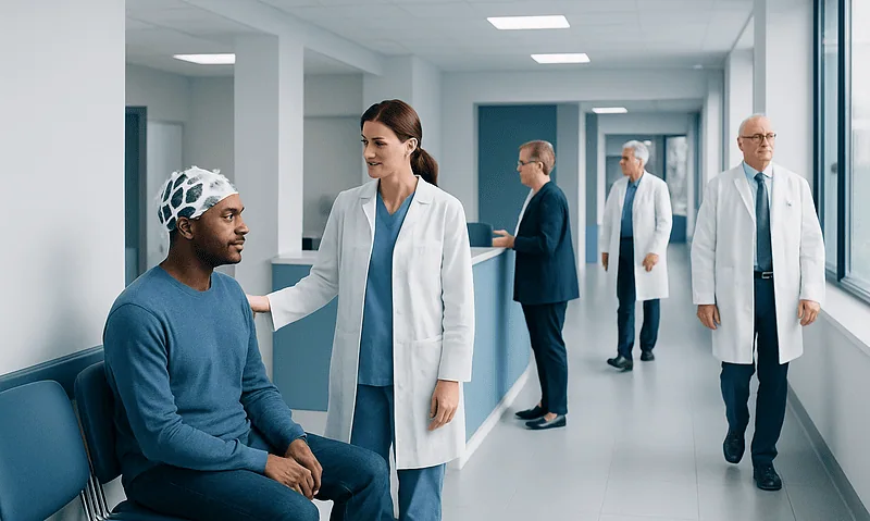 Medical team consulting with patient in hospital corridor.