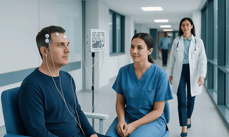 Patient undergoing neurophysiology test with medical staff in hospital corridor.