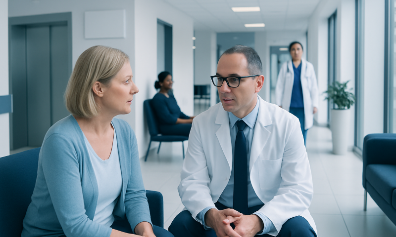 Doctor consulting with a patient in a hospital corridor.