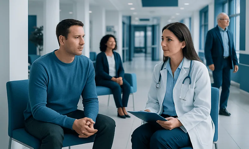 Patient consulting with a neuropsychiatrist in a hospital corridor.
