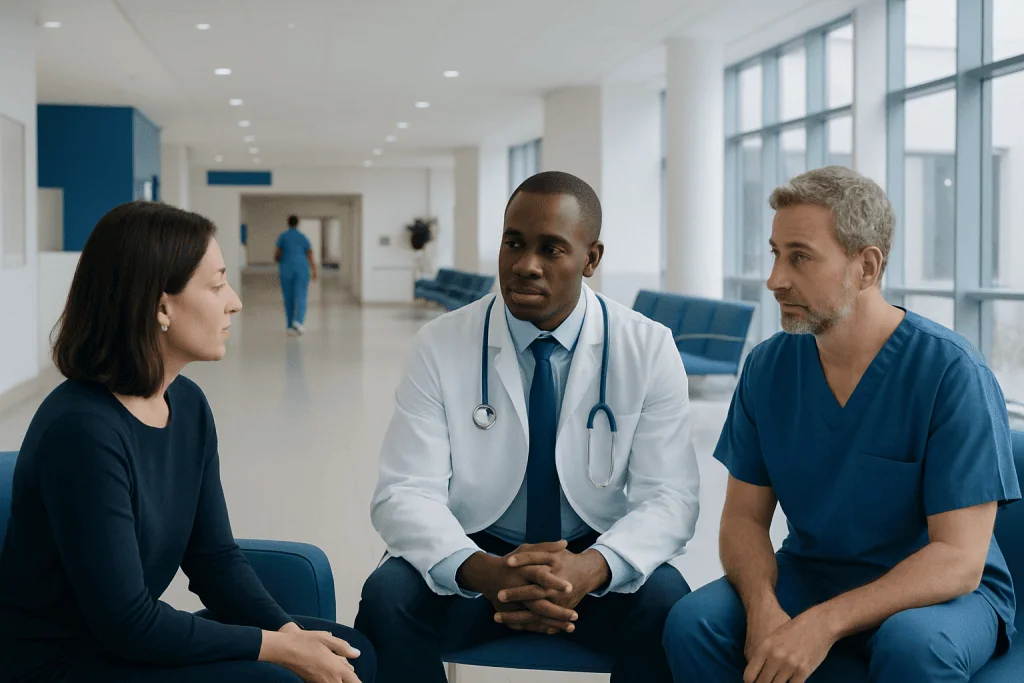 Do You Need a Neuropsychiatry Second Opinion? 1 Medical professionals discussing patient care in a hospital corridor.