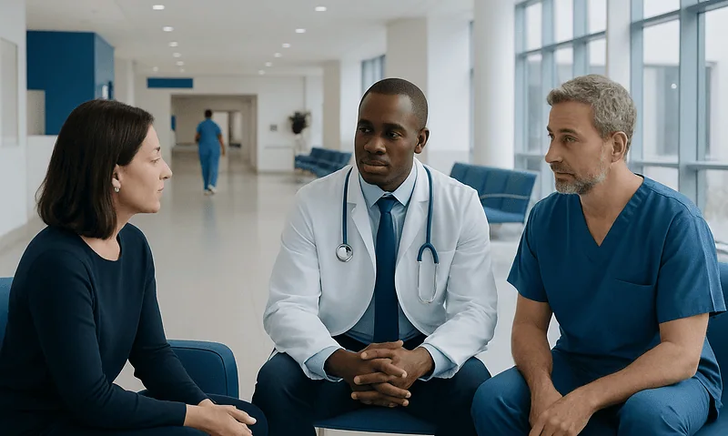 Medical professionals discussing patient care in a hospital corridor.