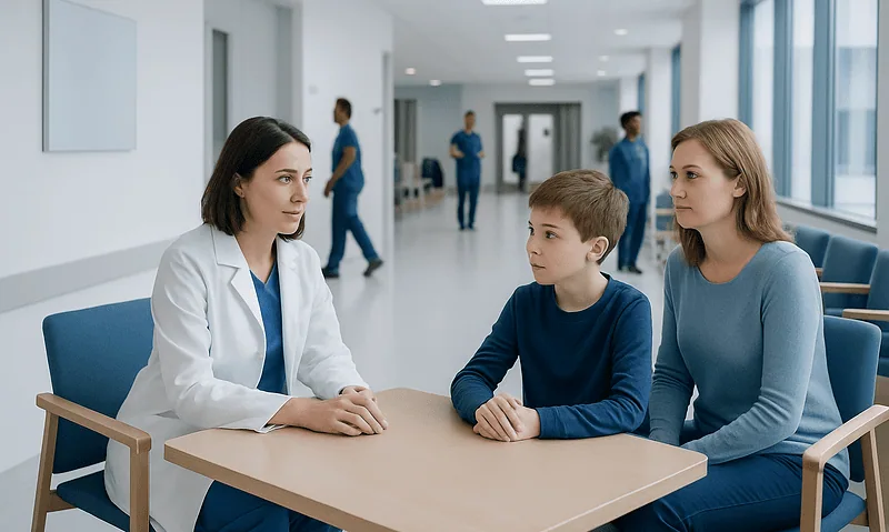 Doctor consulting with a young boy and his mother in a hospital corridor.