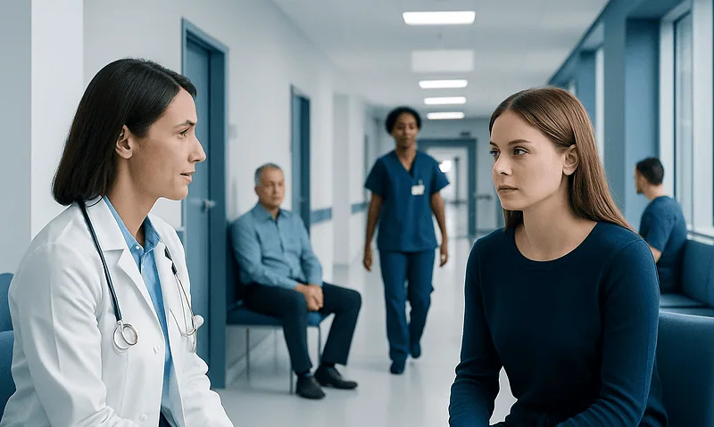 Doctor consulting a young woman in a hospital corridor.