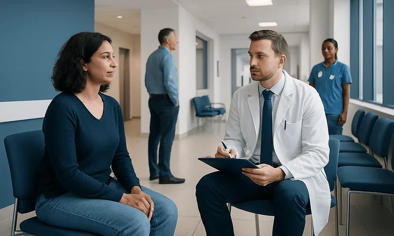 Doctor consulting with a patient in a hospital corridor.