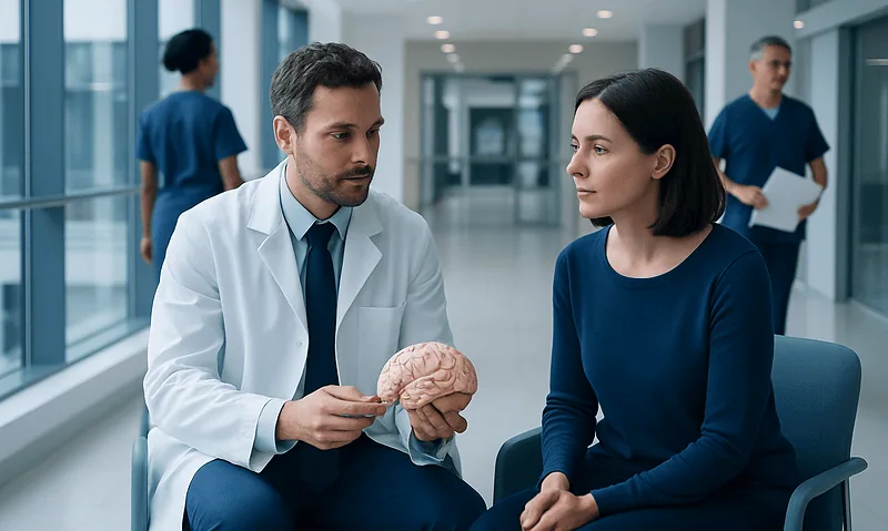 Neuropsychologist explaining brain functions to a patient in a hospital corridor.