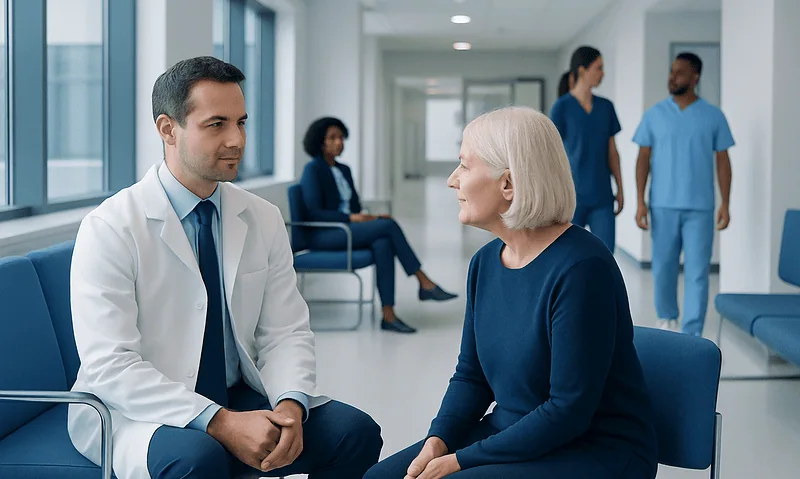 Neuropsychologist consulting with elderly patient in hospital setting.