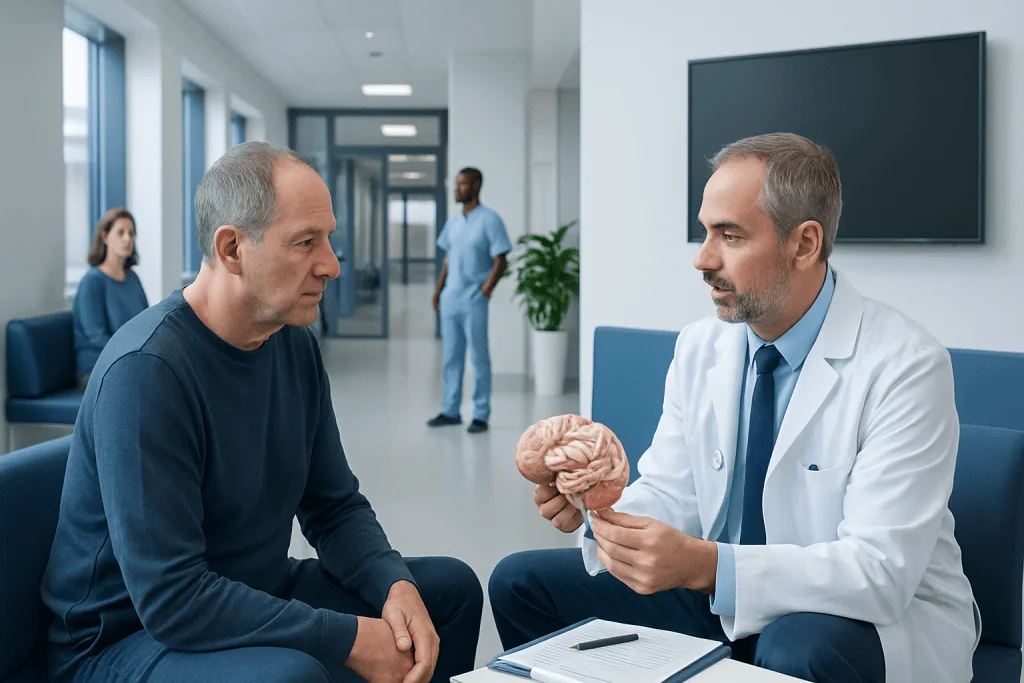 What Happens at a Neurosurgery Consultation? 1 Neurosurgeon explains brain to patient during consultation at Acibadem Hospital.