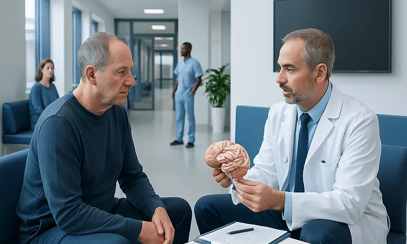 Neurosurgeon explains brain to patient during consultation at Acibadem Hospital.