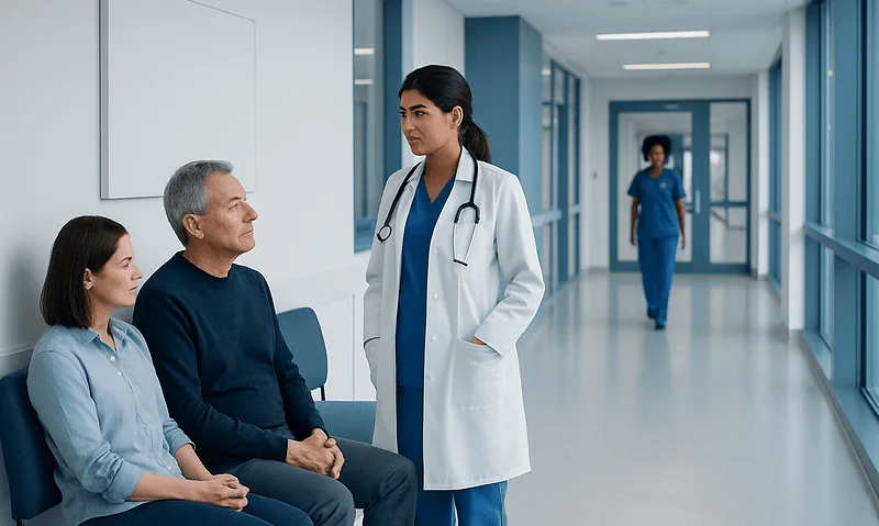 Doctor consulting with patients in a hospital corridor.