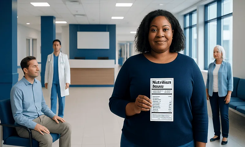 Healthcare professional holding a nutrition label in a hospital setting.
