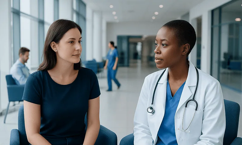 Pap Smear: How to Prepare and What the Results Can Show 1 Doctor consulting with a patient in a modern hospital lobby.