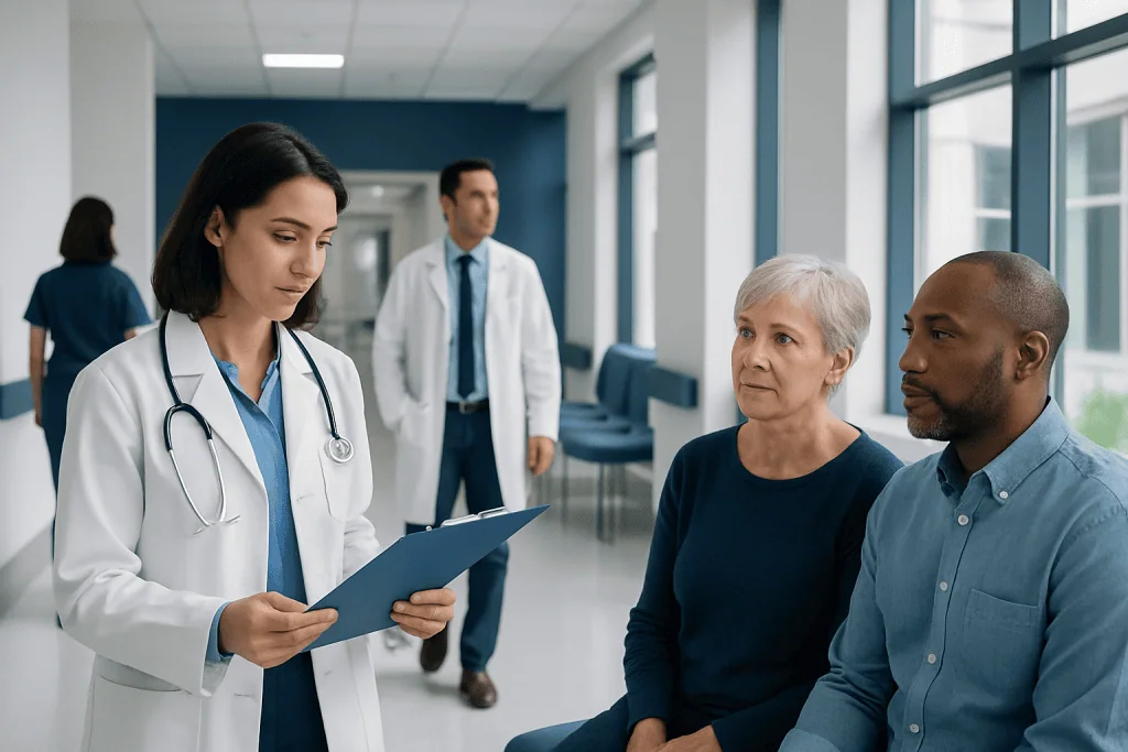 How to Read a Pathology Report After a Cancer Biopsy 1 Doctor discussing pathology report with patients in hospital corridor.