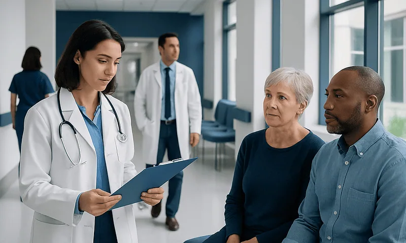Doctor discussing pathology report with patients in hospital corridor.