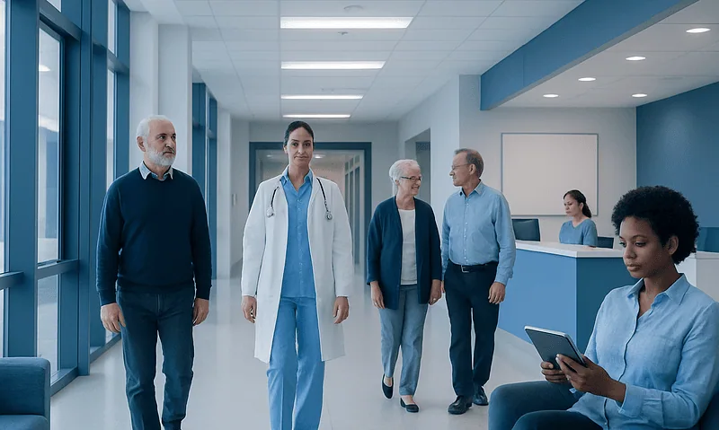 Patient Portals Explained: Test Results, Messages, and Online Appointments 16 Healthcare professionals and patients in a modern hospital corridor.