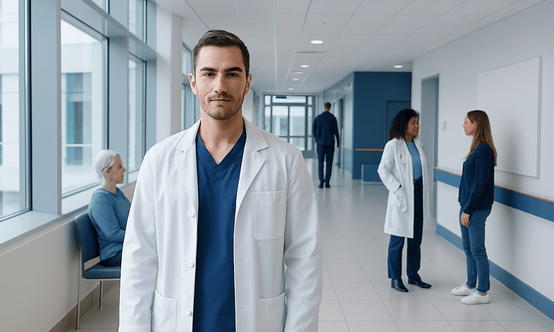 Male doctor in hospital corridor with patients and staff in background.