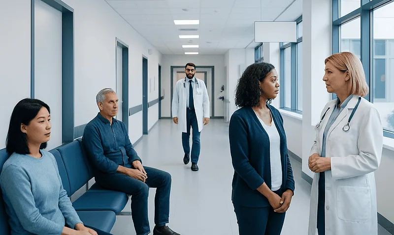 Medical consultation in a hospital corridor with diverse healthcare professionals and patients.