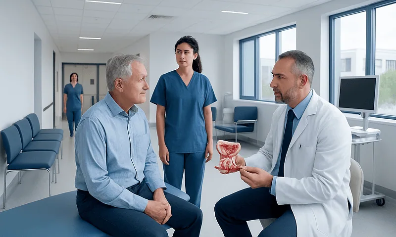 Urologist explaining prostate health to patient in hospital consultation room.
