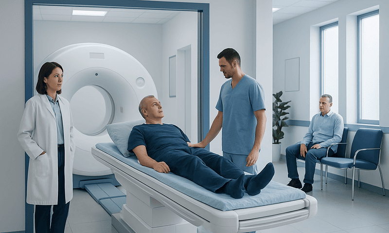 PSMA PET Scan for Prostate Cancer: When It Is Used and What It Can Show 13 Patient undergoing a PET scan in a modern hospital setting.