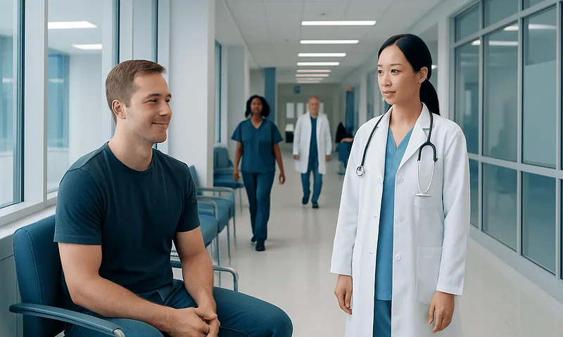 Patient talking to doctor in hospital corridor.