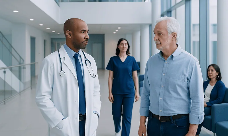 Doctor consulting with an elderly patient in a modern hospital lobby.